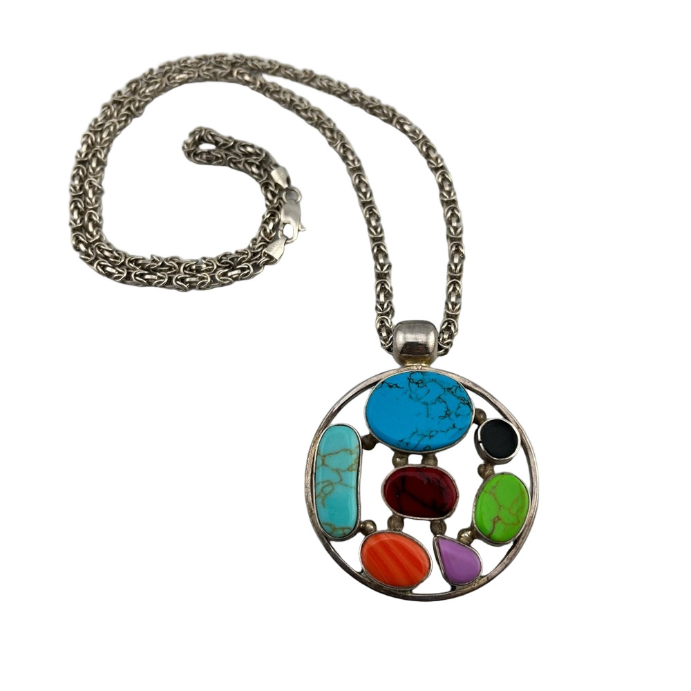 Southwest Inlay Multi Stone 925 Pendant 29g Necklace 925 Chain 20g Heavy 22”